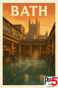 Vintage-style travel poster of the Roman Baths in Bath, England, with rising steam, torchlight, stone columns, and Bath Abbey in the background.
