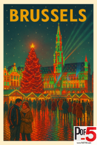 Vintage Christmas travel poster of Brussels Grand Place with holiday lights, market stalls, large Christmas tree, and festive night atmosphere.