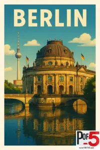 Vintage-style illustration of the Bode Museum in Berlin, Germany, with warm golden sunlight, the Fernsehturm TV Tower in the background, arched bridges, river reflections, and a clear blue sky.
