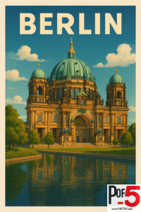 Vintage travel poster of Berlin featuring the Berliner Dom cathedral with its green copper dome, ornate Baroque architecture, trees, and river reflection under a bright blue sky.