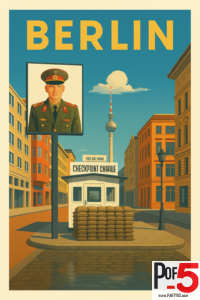 Vintage travel poster of Berlin’s Checkpoint Charlie with guard booth, Cold War soldier portrait, historic buildings, and Fernsehturm in the background.