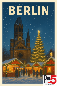 Vintage Berlin Christmas Market poster with snowy night scene, Kaiser Wilhelm Memorial Church, glowing lights, market stalls, and a large Christmas tree.