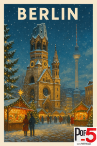 Vintage Berlin Christmas market poster featuring Kaiser Wilhelm Memorial Church, snowy winter night, glowing market stalls, Christmas lights, and the Berlin TV Tower in the background.