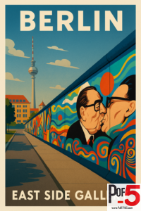 Vintage-style illustration of Berlin’s East Side Gallery with colorful Berlin Wall murals and the TV Tower in the background.