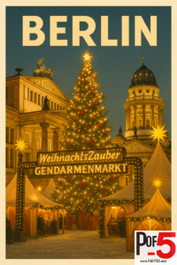 Vintage-style Berlin travel poster showing the Gendarmenmarkt Christmas Market with glowing tents, a large illuminated Christmas tree, festive lights, and historic buildings at dusk.