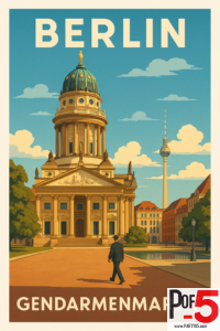 Vintage travel poster of Berlin’s Gendarmenmarkt featuring the German Cathedral, bright blue sky, classic architecture, and the Berlin TV Tower in the background.