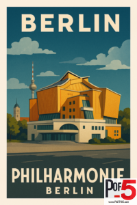 Vintage travel poster of the Berlin Philharmonie with its gold modernist architecture, blue sky, and Fernsehturm tower in the background.