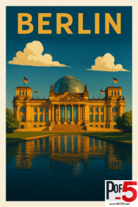 Vintage-style Berlin travel poster of the Reichstag building with its glass dome, German flags, and a calm reflecting pool beneath a bright blue sky with clouds.