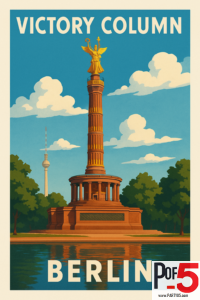 Vintage-style Berlin travel poster showing the Victory Column (Siegessäule) with the golden Victoria statue, trees, reflection in the water, and the Berlin TV Tower under a bright blue sky.