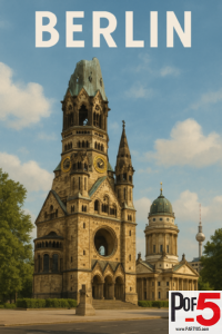 Vintage-style Berlin poster featuring the Kaiser Wilhelm Memorial Church with its damaged spire, the French Cathedral, and the Berlin TV Tower against a blue sky.