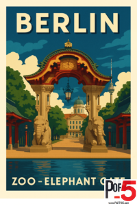 Vintage travel poster of the Elephant Gate at Berlin Zoo, featuring carved stone elephants, ornate red-and-green archway, trees, blue sky, and the Berlin TV Tower in the background.