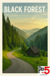 Vintage-style poster of Germany’s Black Forest showing a winding road, dense pine trees, morning mist over layered hills, and a rustic wooden cabin in a peaceful green valley.