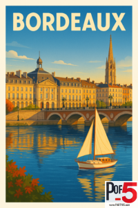 Vintage-style illustration of Bordeaux’s historic riverfront and stone bridge at golden hour.