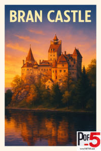 Vintage-style illustration of Bran Castle in Romania at sunset, showing the medieval towers, warm golden light, autumn trees, and the castle’s reflection in the water below.