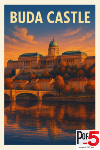 Vintage travel poster of Buda Castle in Budapest at sunset with warm orange skies, a stone bridge, autumn trees, and reflections on the Danube River.