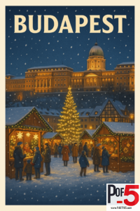 Vintage-style Budapest winter travel poster depicting a snowy Christmas market with wooden stalls, a glowing Christmas tree, and Buda Castle illuminated in the background.
