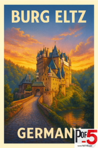 Vintage poster of Burg Eltz in Germany showing the medieval castle at sunset, surrounded by forest and a stone bridge leading to the entrance.