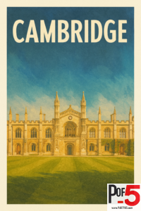 Vintage-style illustration of Cambridge University’s King’s College with expansive green lawns and a blue sky.