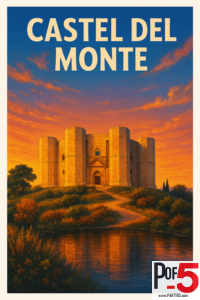 Vintage travel poster of Castel del Monte in Puglia, Italy at sunset, with orange and blue sky, medieval octagonal fortress, surrounding hills, and reflection in a calm water pool.