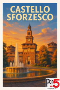 Vintage travel poster of Castello Sforzesco in Milan at sunset with a large fountain, warm orange sky, historic castle towers, and autumn trees.