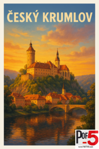 Vintage travel poster of Český Krumlov Castle at sunset, overlooking the river and historic town with warm golden light and colorful reflections.
