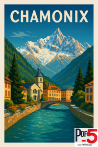 Vintage travel poster of Chamonix with Mont Blanc in the background, alpine village buildings, a stone bridge, river, and evergreen mountains.