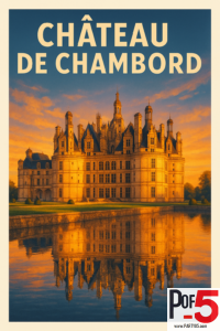 Vintage travel poster of Château de Chambord at sunset with warm golden light and a perfect reflection in the water, in a classic illustrated style.