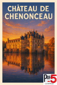 Vintage poster of Château de Chenonceau at sunset with warm reflections on the river.