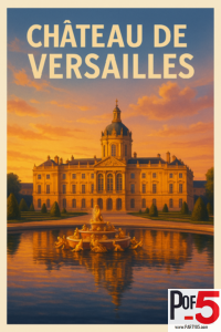Vintage-style travel poster of the Château de Versailles at sunset, featuring the palace façade and an ornate fountain reflecting in the water.