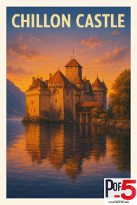 Vintage travel poster of Chillon Castle on Lake Geneva at sunset with warm golden light reflecting off the water.