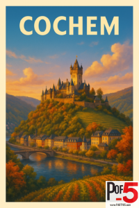 Vintage travel poster of Cochem’s Reichsburg Castle at sunset, overlooking the Moselle River, vineyards, and colorful hillside village.