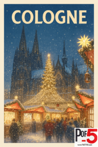Vintage-style illustration of the Cologne Christmas Market in winter, with a glowing Christmas tree, festive stalls, falling snow, and the Cologne Cathedral illuminated in the background.
