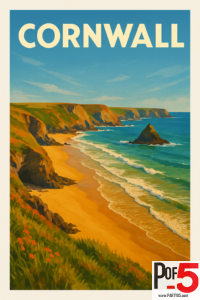 Vintage-style travel poster of the Cornwall coastline with golden sandy beaches, dramatic cliffs, turquoise waves, and a rocky sea stack under a bright blue sky.