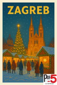 Vintage-style travel poster of the Zagreb Christmas Market with a glowing Christmas tree, wooden market stalls, snow falling, and the illuminated Zagreb Cathedral in the background.