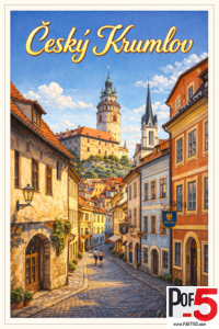 Vintage-style Český Krumlov travel poster featuring a sunlit cobblestone street, colorful medieval buildings, and the iconic castle tower rising above the historic Old Town.