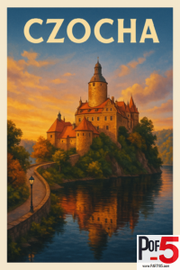 Vintage travel poster of Czocha Castle in Poland at sunset, with warm orange sky, forested cliffs, stone walls, and reflections in the lake.