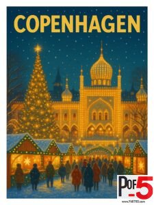 Vintage-style travel poster of Copenhagen showing Tivoli Gardens at Christmas, glowing with golden lights, a tall Christmas tree, market stalls, and falling snow.