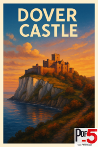 Vintage travel poster of Dover Castle at sunset, sitting atop the White Cliffs of Dover overlooking the sea and golden sky.
