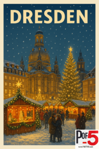 Vintage travel poster of the Dresden Christmas Market with snowy stalls, glowing lights, a large Christmas tree, and the Frauenkirche in the background.