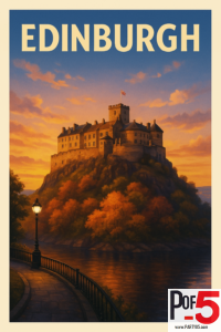 Vintage travel poster of Edinburgh Castle at sunset, with warm autumn colors, glowing sky, and a riverside walkway with a lantern.