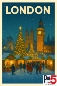 Vintage Christmas poster of London showing snowy market stalls, glowing lights, Big Ben, Westminster Abbey, and a large Christmas tree at night.