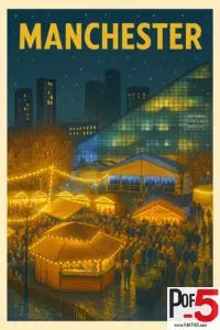 Vintage travel poster of Manchester showing the Christmas market at night with glowing wooden stalls, festive lights, crowds, and the illuminated National Football Museum building.