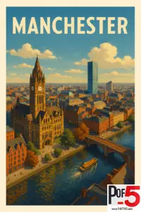 Vintage-style travel poster of Manchester featuring the historic Manchester Town Hall, red-brick buildings, a canal with a passing boat, and the modern Beetham Tower in the background under a bright blue sky.