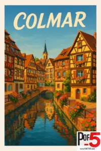 Vintage-style travel poster of Colmar, France featuring half-timbered Alsatian houses, colorful flowers, and a calm canal reflecting the historic town architecture.