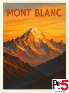 Vintage-style travel poster of Mont Blanc at golden hour, featuring the snow-capped alpine peak glowing in warm orange light with dramatic mountain ridges and a clear sky.