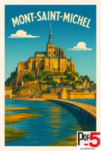 Vintage-style travel poster of Mont-Saint-Michel in Normandy, France featuring the iconic island abbey rising above the sea with a stone causeway and blue coastal waters.