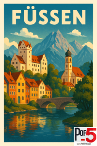 Vintage travel poster of Füssen, Germany featuring colorful alpine houses, a medieval castle, mountain peaks, and a stone bridge over a river.