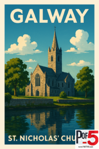Vintage travel poster of St. Nicholas’ Church in Galway, Ireland, with stone architecture, tall spire, green trees, and a calm reflective river.