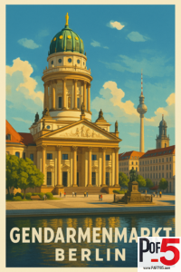 Vintage travel poster of Berlin’s Gendarmenmarkt with the French Cathedral, Berlin TV Tower, sunny blue sky, classic architecture, and reflection in water.