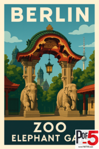 Vintage-style travel poster of the Berlin Zoo Elephant Gate featuring the iconic twin elephant statues and ornate archway with Berlin skyline in the background.